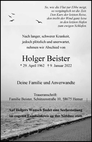 Traueranzeige von Holger Beister von WVW Anzeigenblätter