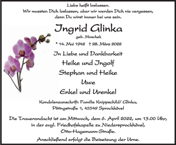 Traueranzeige von Ingrid Glinka von WVW Anzeigenblätter