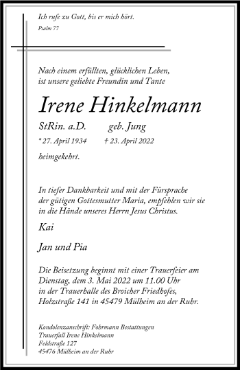 Traueranzeige von Irene Hinkelmann von WVW Anzeigenblätter