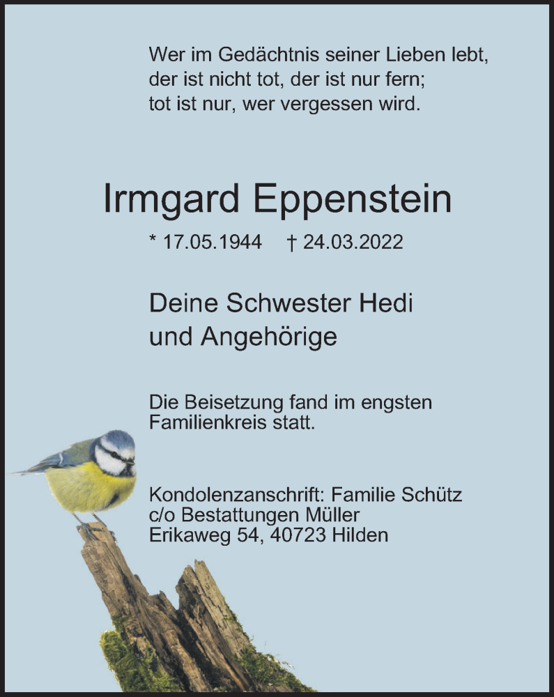  Traueranzeige für Irmgard Eppenstein vom 23.04.2022 aus WVW Anzeigenblätter