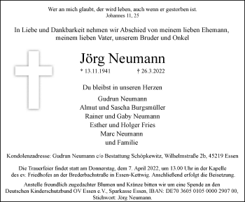 Traueranzeige von Jörg Neumann von WVW Anzeigenblätter