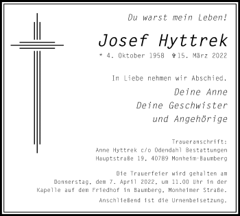 Traueranzeige von Josef Hyttrek von WVW Anzeigenblätter