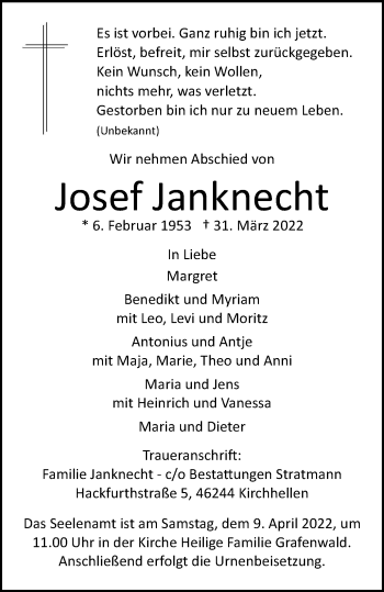 Traueranzeige von Josef Janknecht von WVW Anzeigenblätter