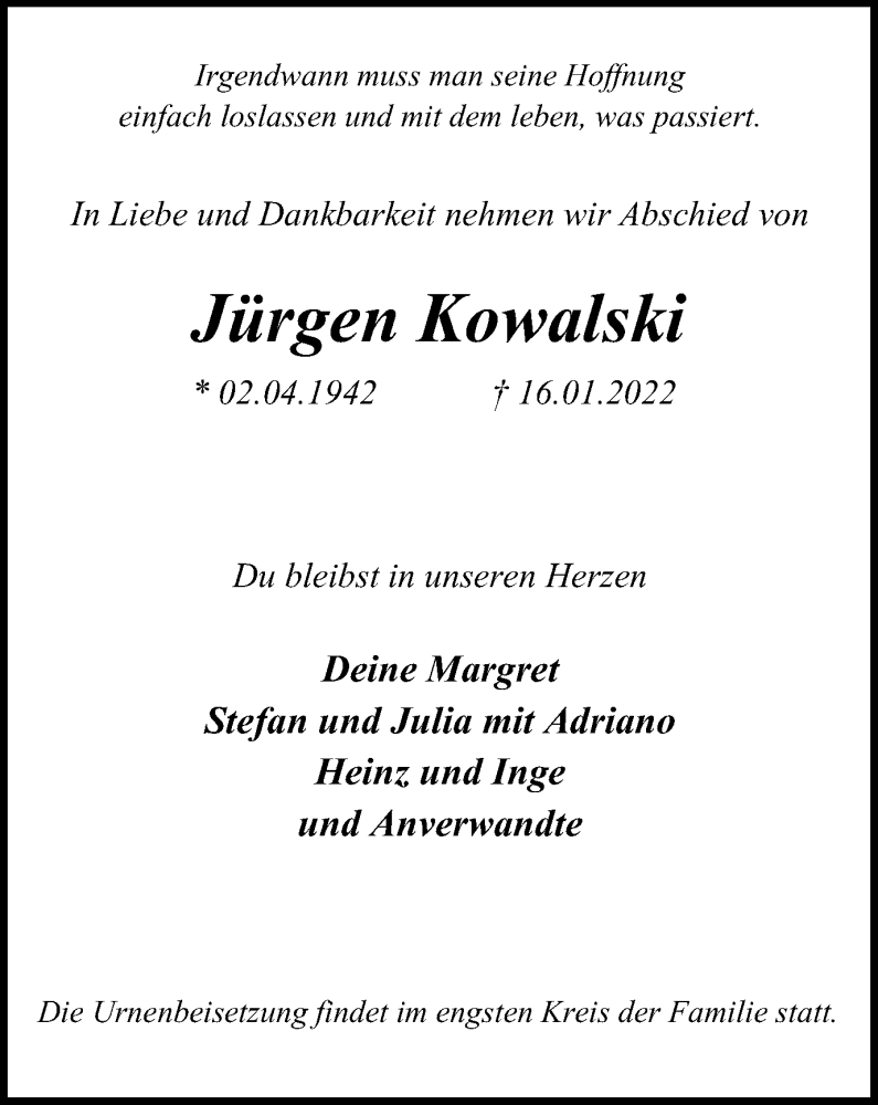  Traueranzeige für Jürgen Kowalski vom 22.01.2022 aus WVW Anzeigenblätter