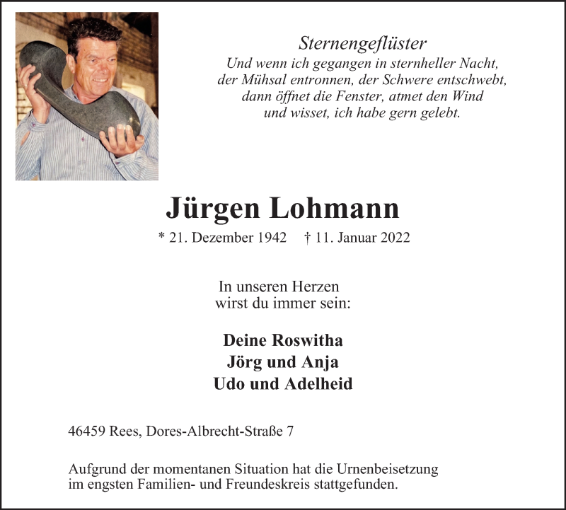  Traueranzeige für Jürgen Lohmann vom 22.01.2022 aus WVW Anzeigenblätter