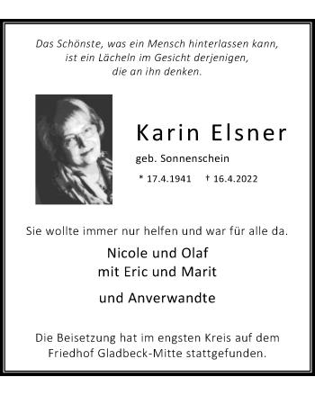 Traueranzeige von Karin Elsner von WVW Anzeigenblätter