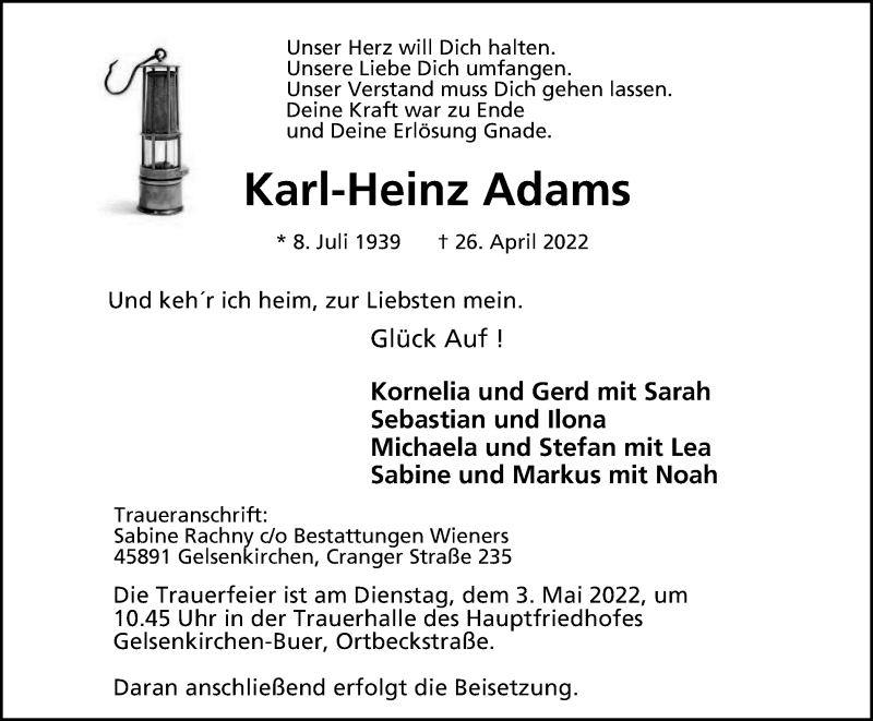  Traueranzeige für Karl-Heinz Adams vom 30.04.2022 aus WVW Anzeigenblätter