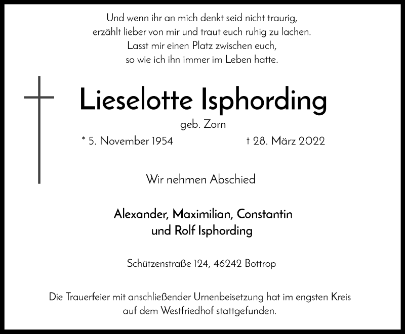  Traueranzeige für Lieselotte Isphording vom 09.04.2022 aus WVW Anzeigenblätter
