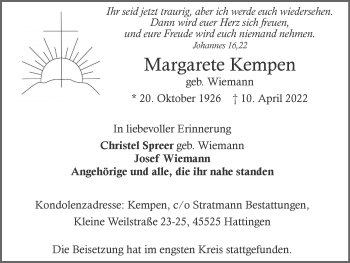 Traueranzeige von Margarete Kempen von WVW Anzeigenblätter