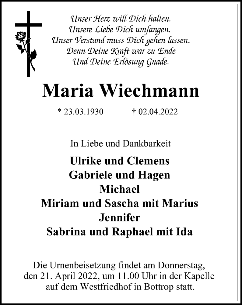  Traueranzeige für Maria Wiechmann vom 09.04.2022 aus WVW Anzeigenblätter