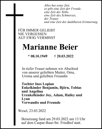 Traueranzeige von Marianne Beier von WVW Anzeigenblätter