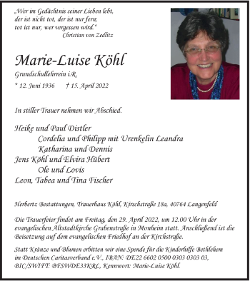 Traueranzeige von Marie-Luise Köhl von WVW Anzeigenblätter