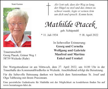 Traueranzeige von Mathilde Ptacek von WVW Anzeigenblätter