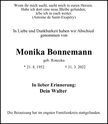 Traueranzeige von Monika Bonnemann von WVW Anzeigenblätter
