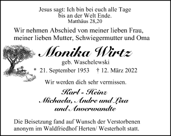 Traueranzeige von Monika Wirtz von WVW Anzeigenblätter