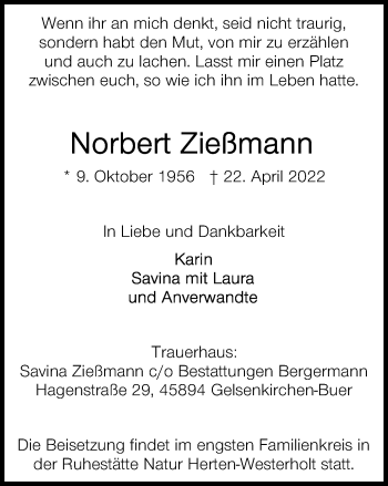 Traueranzeige von Norbert Zießmann von WVW Anzeigenblätter