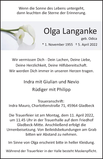 Traueranzeige von Olga Langanke von WVW Anzeigenblätter