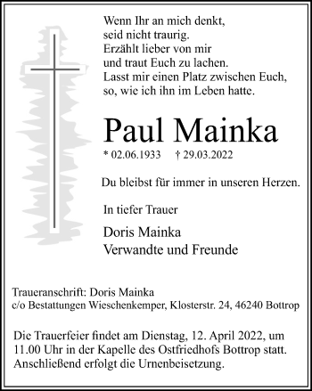 Traueranzeige von Paul Mainka von WVW Anzeigenblätter