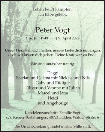 Traueranzeige von Peter Vogt von WVW Anzeigenblätter