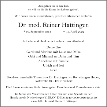 Traueranzeige von Reiner Hattingen von WVW Anzeigenblätter