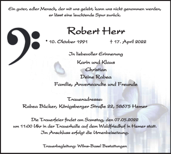 Traueranzeige von Robert Herr von WVW Anzeigenblätter