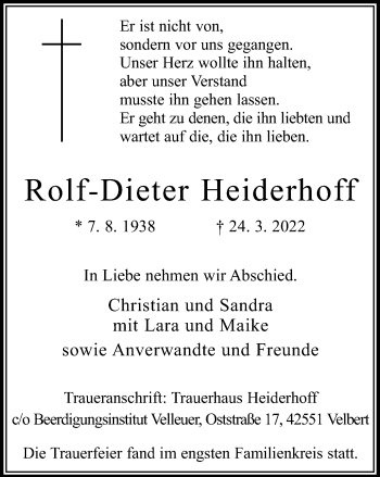 Traueranzeige von Rolf-Dieter Heiderhoff von WVW Anzeigenblätter