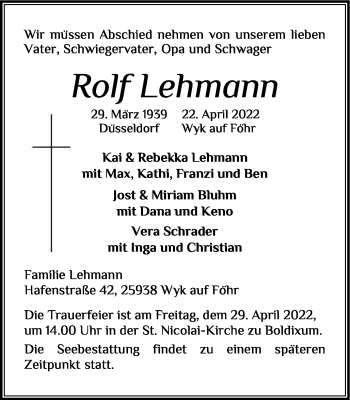 Traueranzeige von Rolf Lehmann von WVW Anzeigenblätter