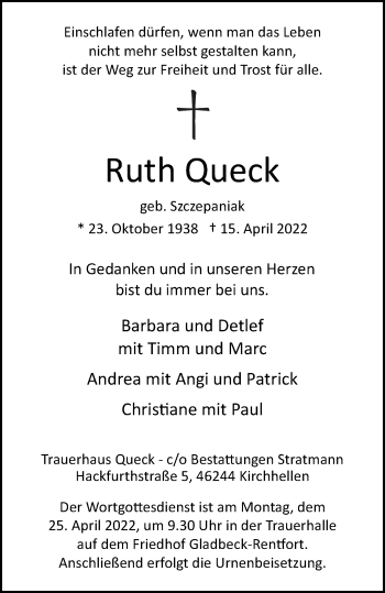 Traueranzeige von Ruth Queck von WVW Anzeigenblätter