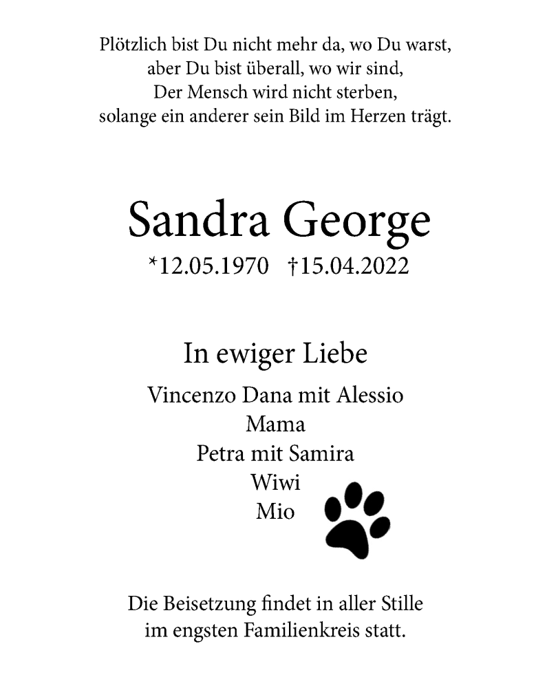  Traueranzeige für Sandra George vom 30.04.2022 aus WVW Anzeigenblätter