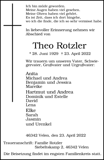 Traueranzeige von Theo Rotzler von WVW Anzeigenblätter