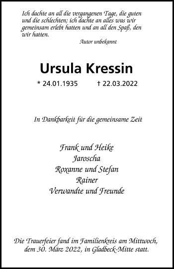 Traueranzeige von Ursula Kressin von WVW Anzeigenblätter