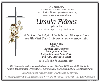 Traueranzeige von Ursula Plönes von WVW Anzeigenblätter