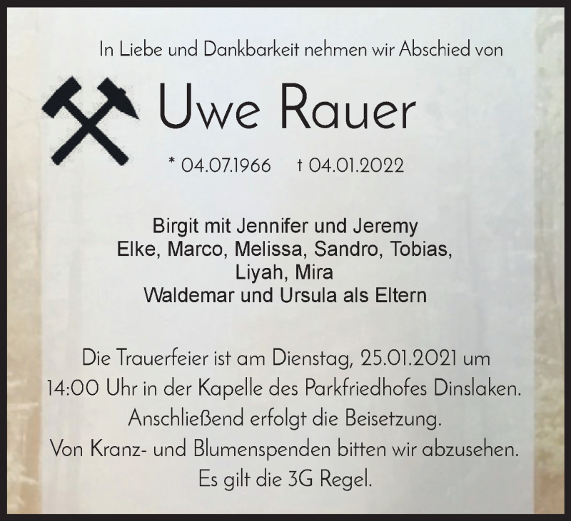  Traueranzeige für Uwe Rauer vom 22.01.2022 aus WVW Anzeigenblätter