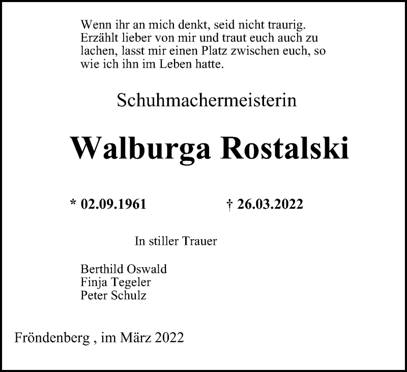  Traueranzeige für Walburga Rostalski vom 02.04.2022 aus WVW Anzeigenblätter