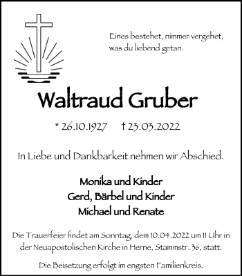 Traueranzeige von Waltraud Gruber von WVW Anzeigenblätter