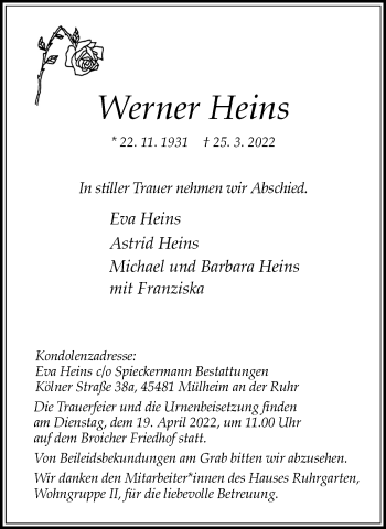 Traueranzeige von Werner Heins von WVW Anzeigenblätter