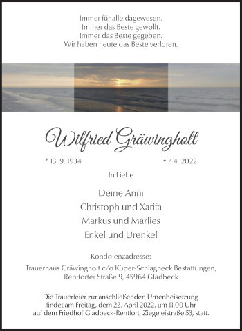 Traueranzeige von Wilfried Gräwingholt von WVW Anzeigenblätter
