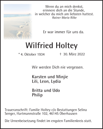 Traueranzeige von Wilfried Holtey von WVW Anzeigenblätter