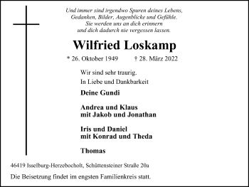 Traueranzeige von Wilfried Loskamp von WVW Anzeigenblätter