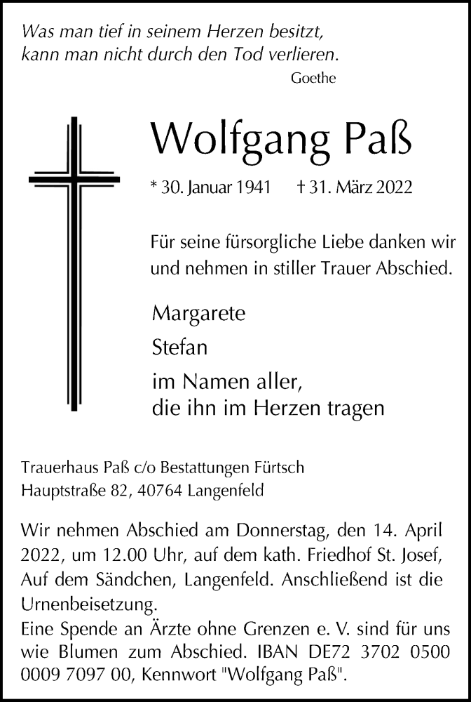  Traueranzeige für Wolfgang Paß vom 09.04.2022 aus WVW Anzeigenblätter