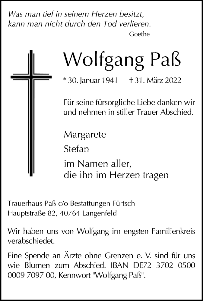  Traueranzeige für Wolfgang Paß vom 16.04.2022 aus WVW Anzeigenblätter