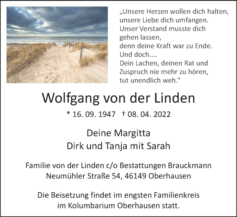  Traueranzeige für Wolfgang von der Linden vom 16.04.2022 aus WVW Anzeigenblätter