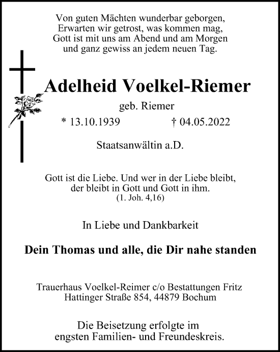 Traueranzeige von Adelheid Voelkel-Riemer von WVW Anzeigenblätter