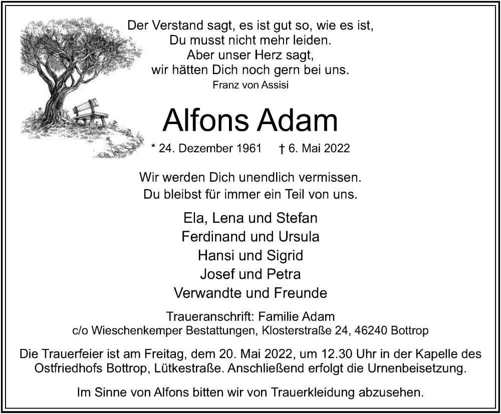  Traueranzeige für Alfons Adam vom 14.05.2022 aus WVW Anzeigenblätter