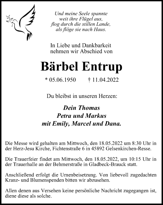 Traueranzeige von Bärbel Entrup von WVW Anzeigenblätter