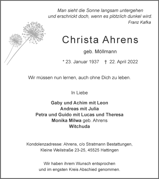 Traueranzeige von Christa Ahrens von WVW Anzeigenblätter
