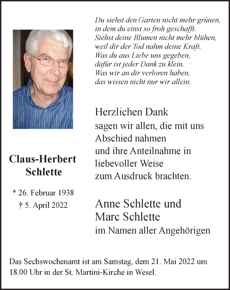  Traueranzeige für Claus-Herbert Schlette vom 07.05.2022 aus WVW Anzeigenblätter