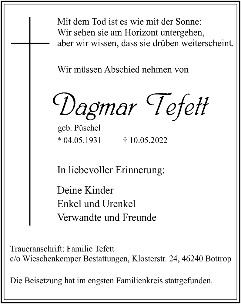  Traueranzeige für Dagmar Tefett vom 21.05.2022 aus WVW Anzeigenblätter