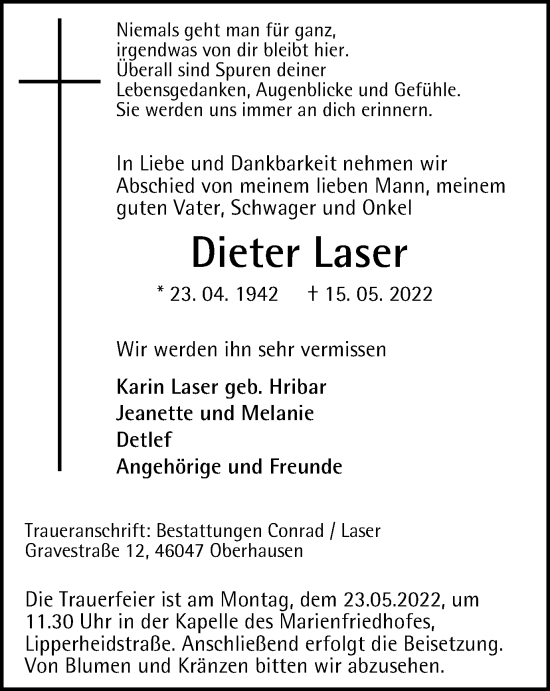 Traueranzeige von Dieter Laser von WVW Anzeigenblätter