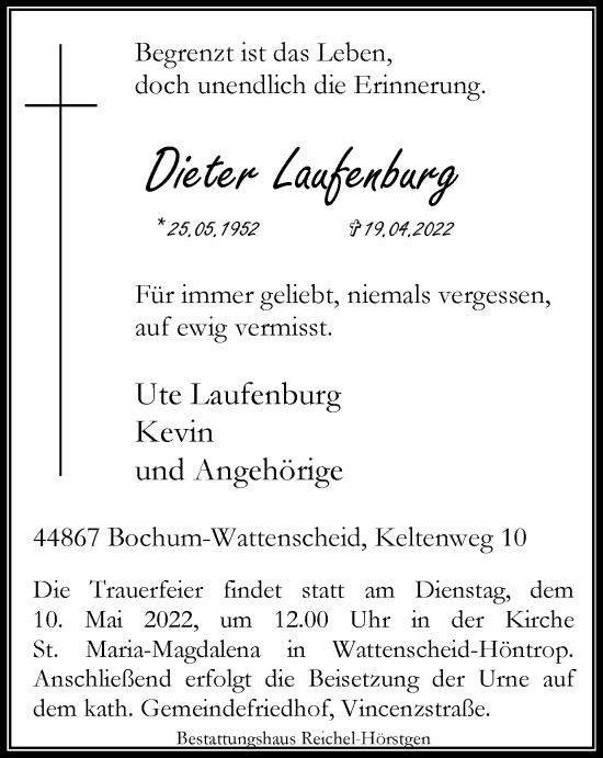 Traueranzeige von Dieter Laufenburg von WVW Anzeigenblätter